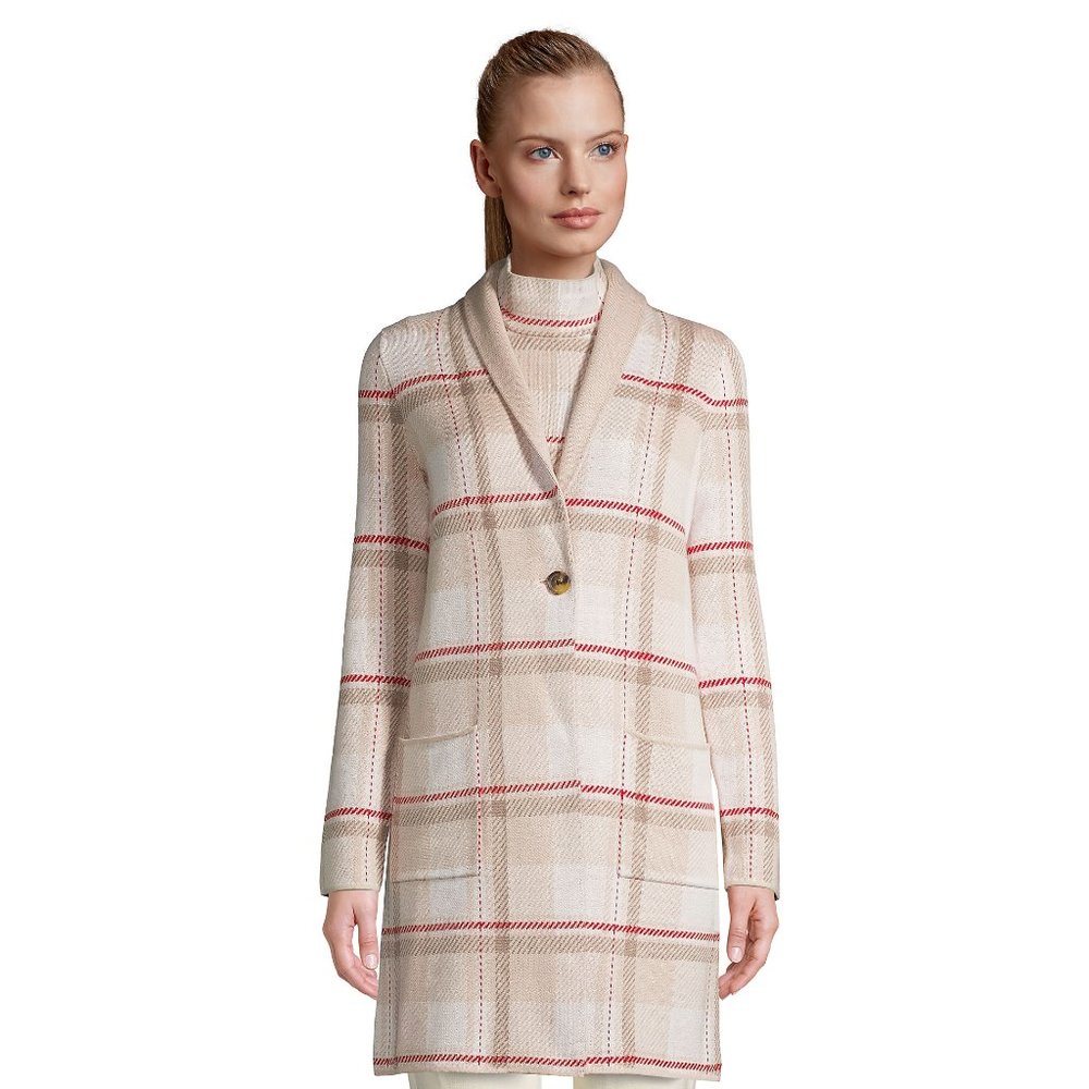 LE Coatigan Cardigan Sweater Coat Ivory Cream Pink Plaid PS SP 8P P8 6P P6 10 12
